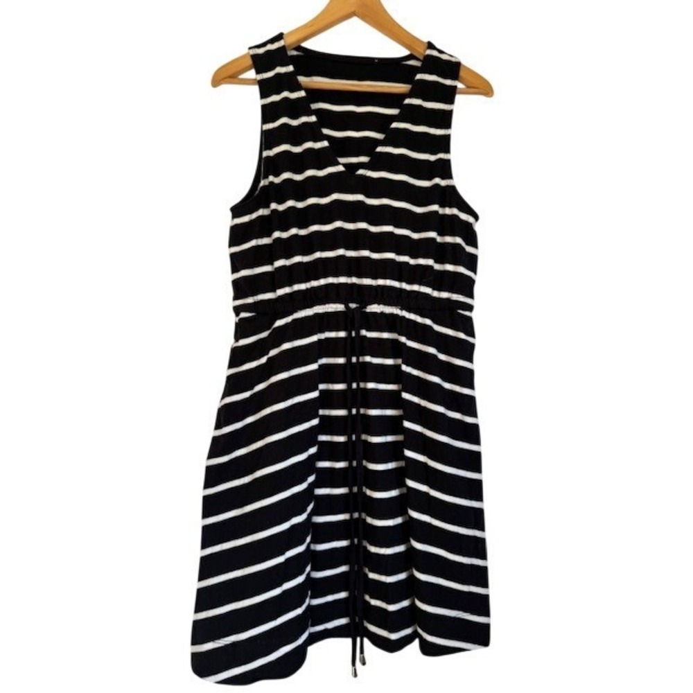 B&W Striped Cotton V-Neck Sleeveless Drawstring Pocket Dress - Small